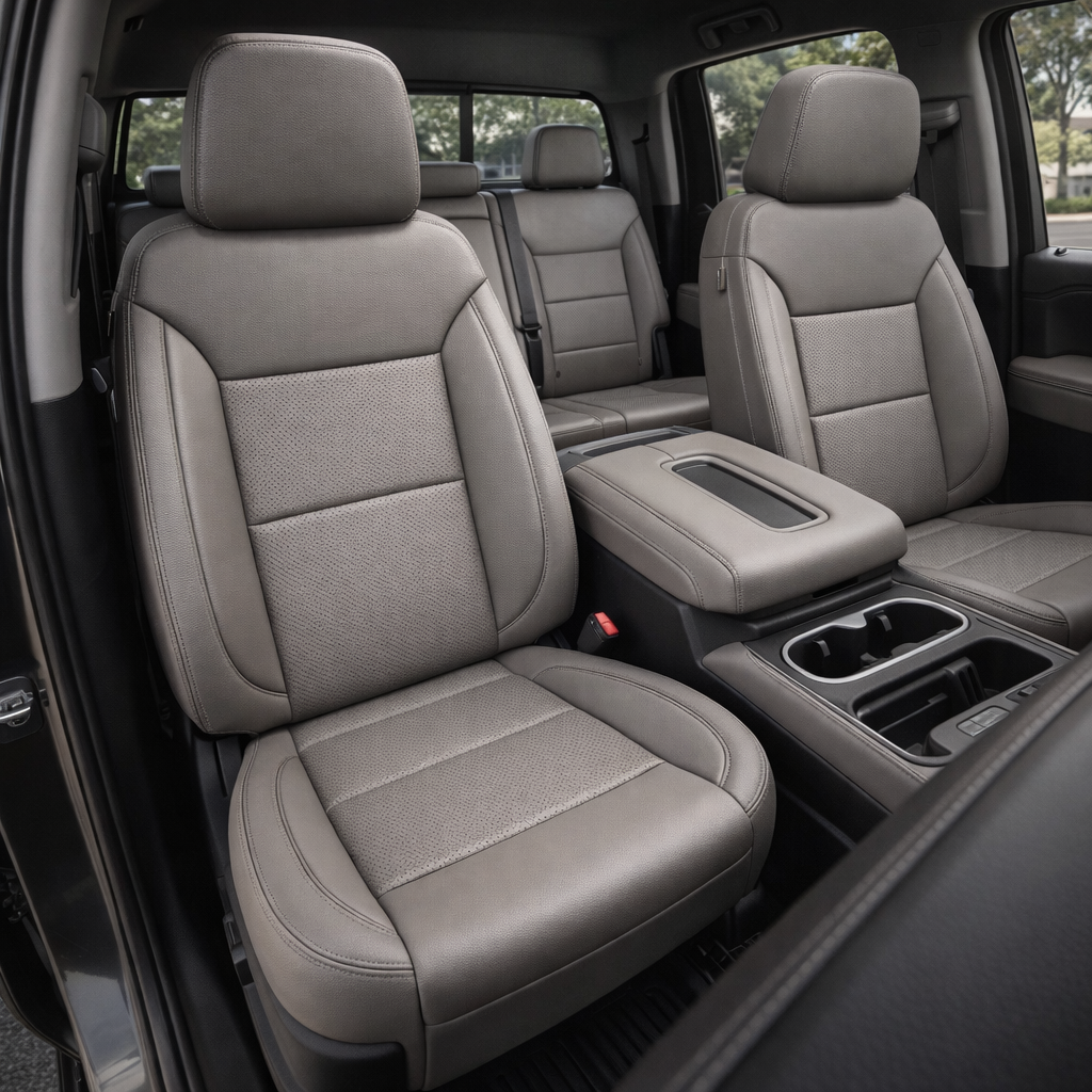  Front in-cabin view of a 2019–2026 Chevrolet Silverado (New Body Style) featuring a Leatherteck seat upholstery kit in platinum gray leather with perforated center inserts and contrast stitching, showing the driver and passenger seats, fold-down center console with cupholders, and the matching rear bench seat in the background.