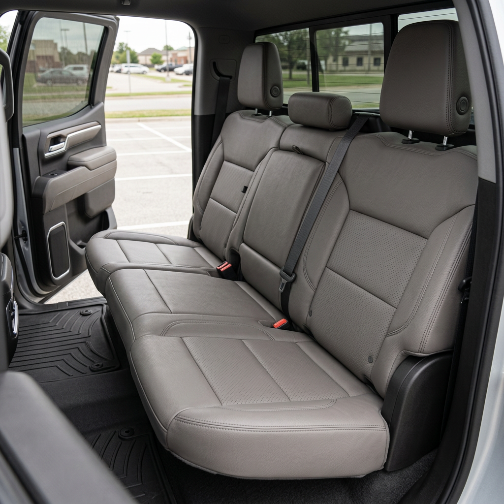  Rear in-cabin view of a 2019–2026 Chevrolet Silverado (New Body Style) showing a Leatherteck rear bench seat upholstered in platinum gray leather with perforated center inserts and contrast stitching, featuring three headrests, seatbelts, rear door panel trim, and an all-weather floor mat..
