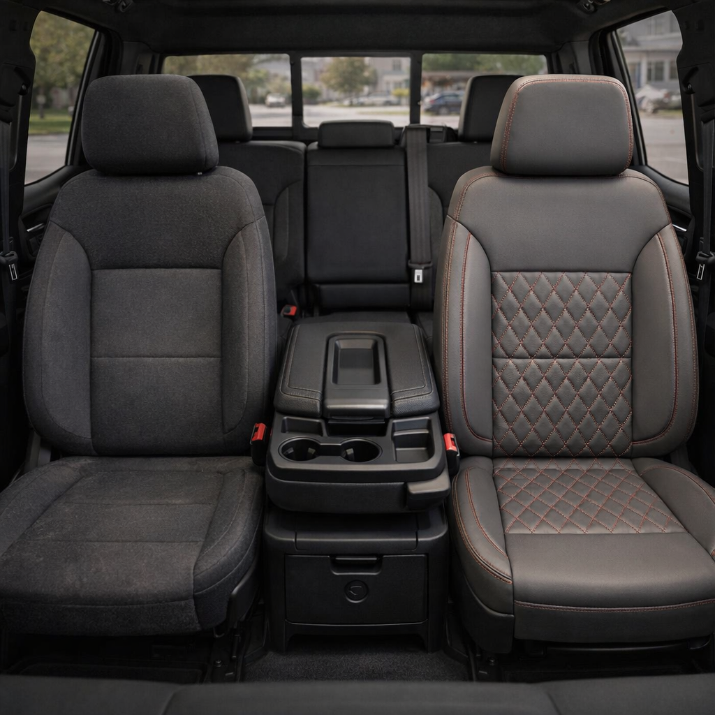  Before-and-after front in-cabin view of a 2019–2026 Chevrolet Silverado (New Body Style) split down the center: left shows the factory dark cloth front seat, while right shows a Leatherteck upgrade in platinum gray leather with red diamond-stitched inserts and red contrast stitching, with the center console/cupholders and rear bench seat visible.