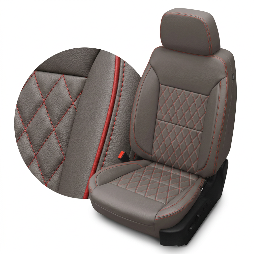 Close-up product image of a 2019–2026 Chevrolet Silverado (New Body Style) Leatherteck seat upholstery kit in platinum gray leather with red diamond-stitched center inserts and red contrast stitching, featuring a circular zoom inset highlighting the leather grain, diamond stitch pattern, and red stitched seam detail.