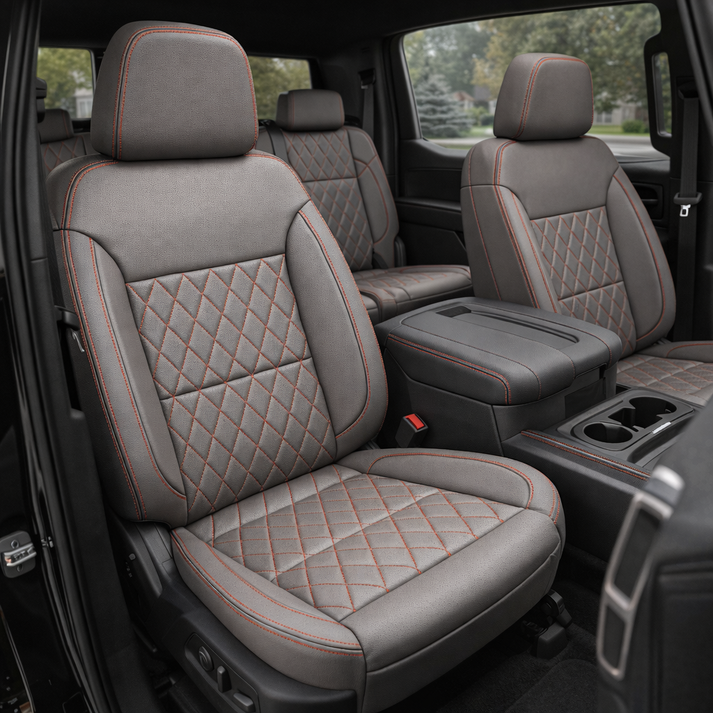 Front in-cabin view of a 2019–2026 Chevrolet Silverado (New Body Style) featuring a Leatherteck seat upholstery kit in platinum gray leather with red diamond-stitched center inserts and red contrast stitching, showing the driver and passenger seats, center console with cupholders, and the matching rear bench seat in the background.