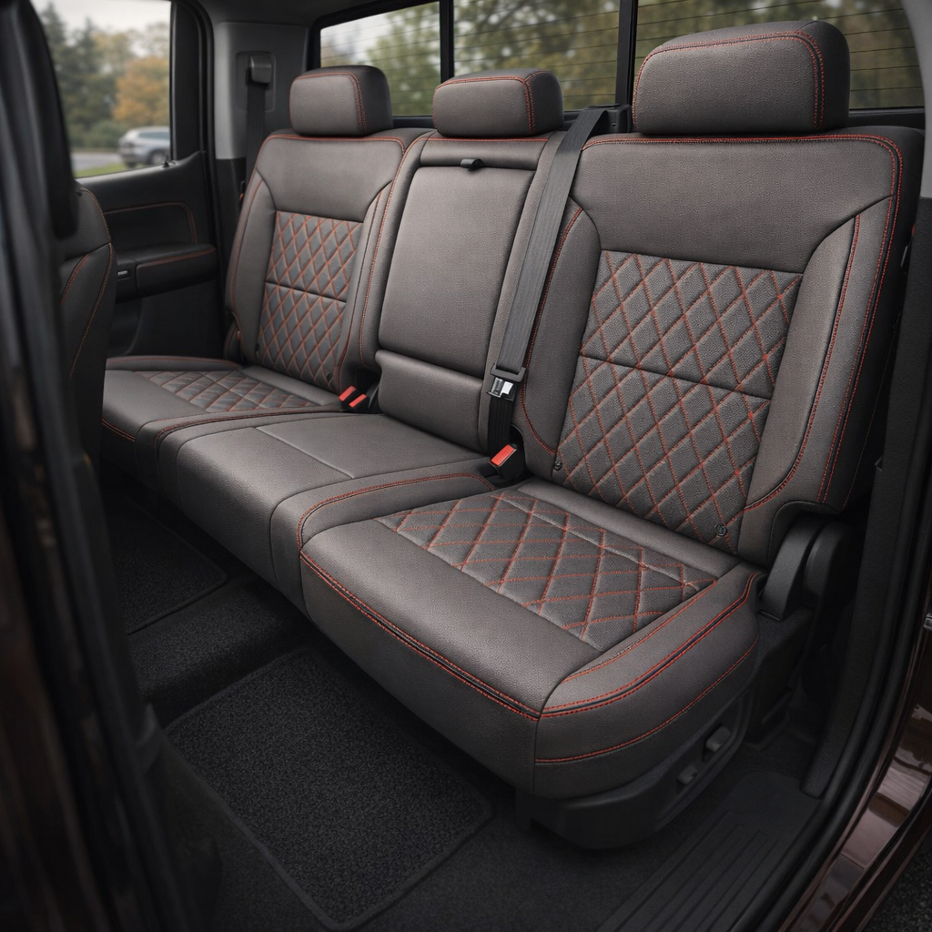 Rear in-cabin view of a 2019–2026 Chevrolet Silverado (New Body Style) featuring a Leatherteck rear bench seat in platinum gray leather with red diamond-stitched insert panels and red contrast stitching, showing three headrests, seatbelts, a center seatback section, rear door panel trim, and a black floor mat.