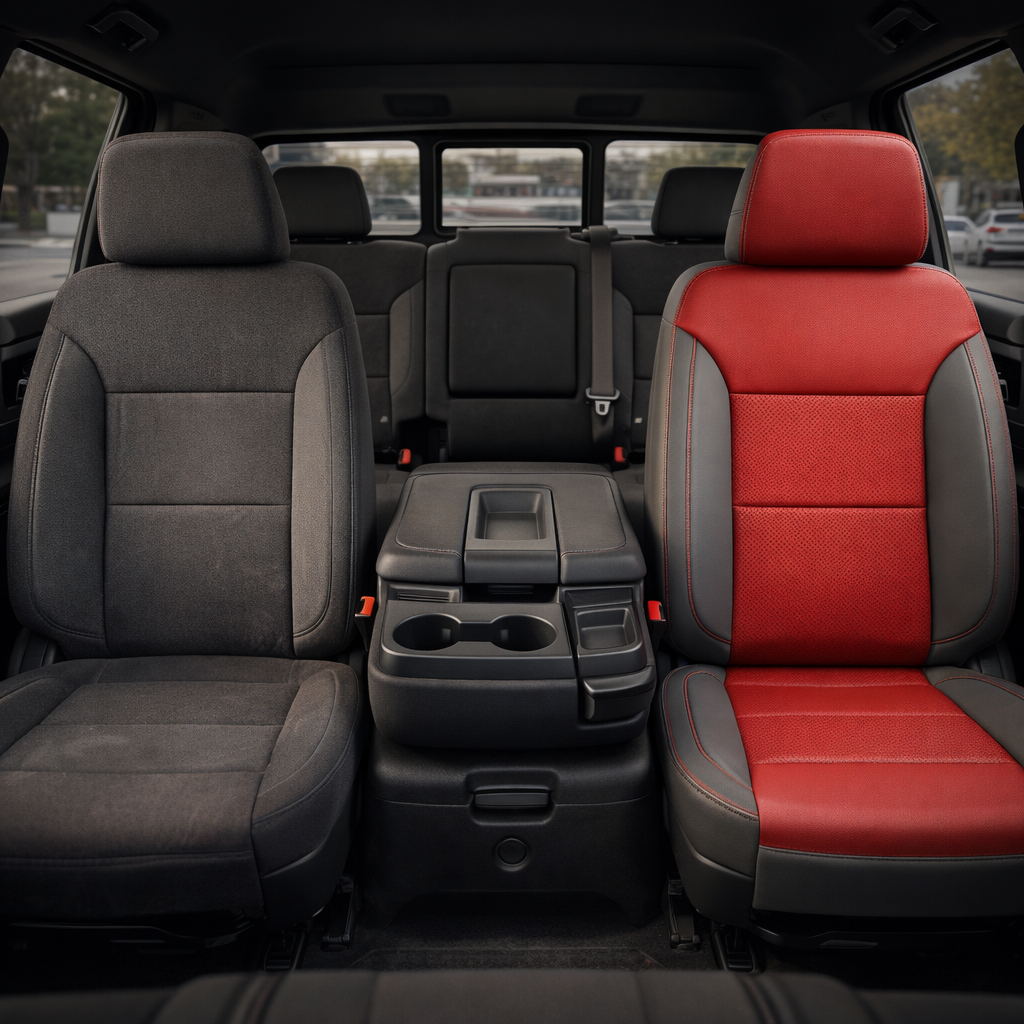 Before-and-after front in-cabin view of a 2019–2026 Chevrolet Silverado (New Body Style): the left front seat shows original dark gray cloth upholstery, while the right front seat is upgraded with Leatherteck platinum gray leather, red perforated inserts, and contrast stitching.