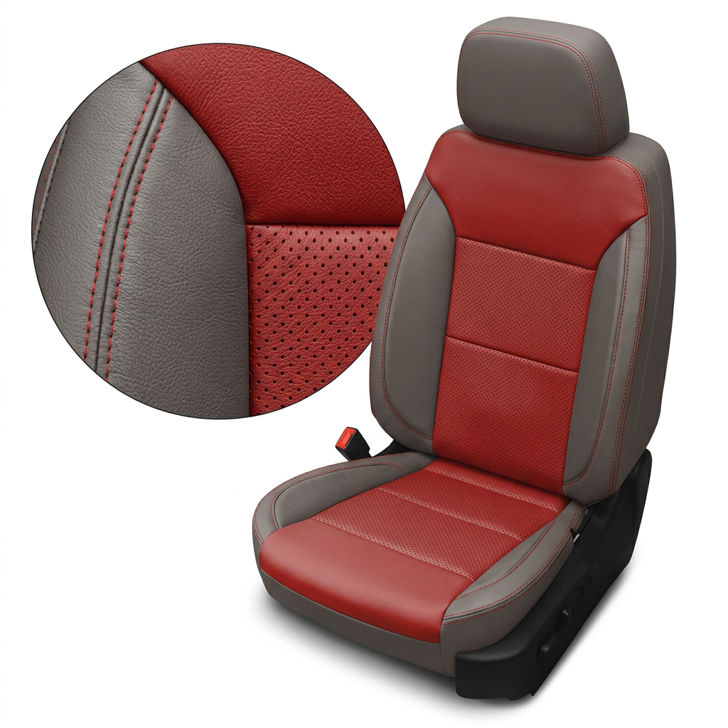 Close-up of a 2019–2026 Chevrolet Silverado (New Body Style) Leatherteck seat upholstery showing platinum gray outer panels, red perforated center inserts, and contrast stitching, with an inset highlighting the leather grain, perforation pattern, and stitching detail.