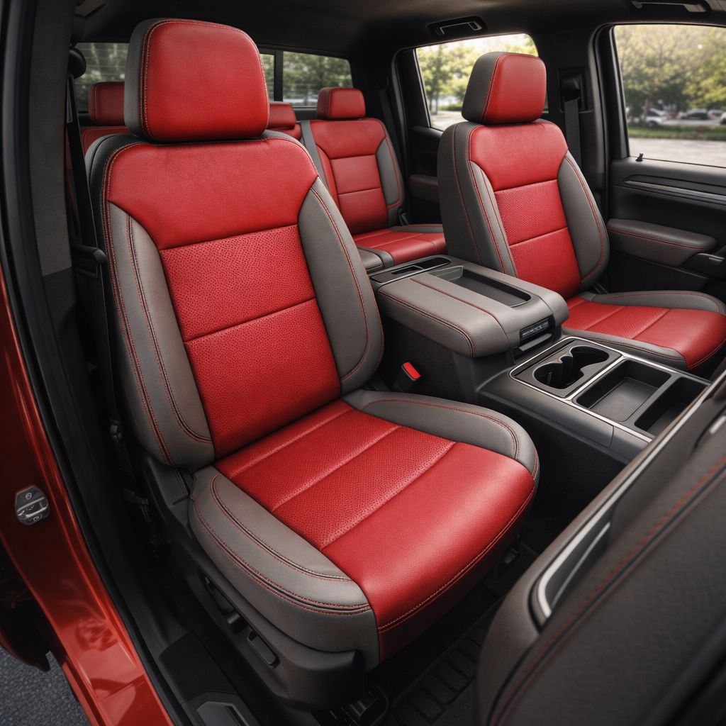 Front in-cabin view of a 2019–2026 Chevrolet Silverado (New Body Style) featuring upgraded Leatherteck seats with platinum gray outer panels, red perforated inserts, and contrast stitching, shown with the front bucket seats, center console, and matching rear seating in the background.