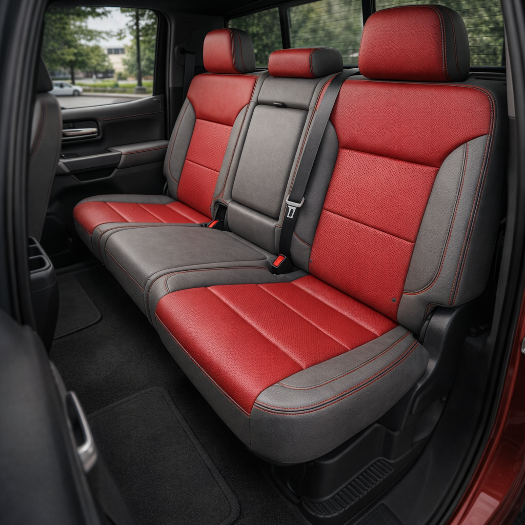 Rear in-cabin view of a 2019–2026 Chevrolet Silverado (New Body Style) with upgraded Leatherteck rear bench upholstery featuring platinum gray bolsters, red perforated seat and back inserts, and contrast stitching, with rear seatbelts and headrests visible.