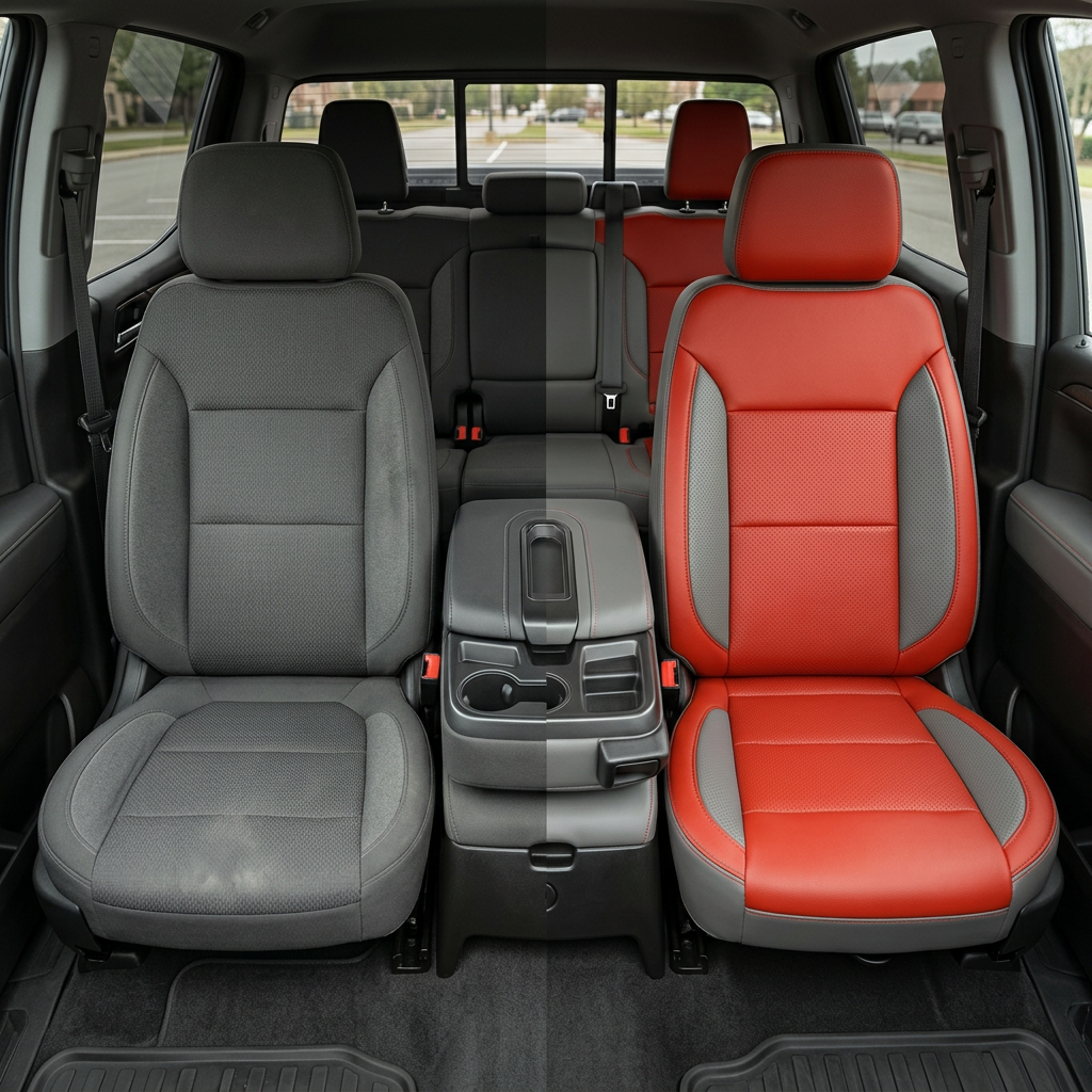 Before-and-after front in-cabin view of a 2023–2026 Chevrolet Silverado (New Body Style) split down the center: left shows the factory platinum/charcoal gray cloth front seat, while right shows a Leatherteck upgrade in platinum gray with salsa red panels, perforated inserts, and contrast stitching, with the fold-down center console/cupholders and rear bench seat visible.