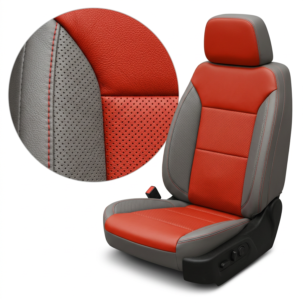   Close-up product image of a 2023–2026 Chevrolet Silverado (New Body Style) Leatherteck seat upholstery kit in platinum gray with salsa red panels, featuring perforated center inserts and contrast stitching, with a circular zoom inset highlighting the leather grain, perforation pattern, and stitched seam detail.