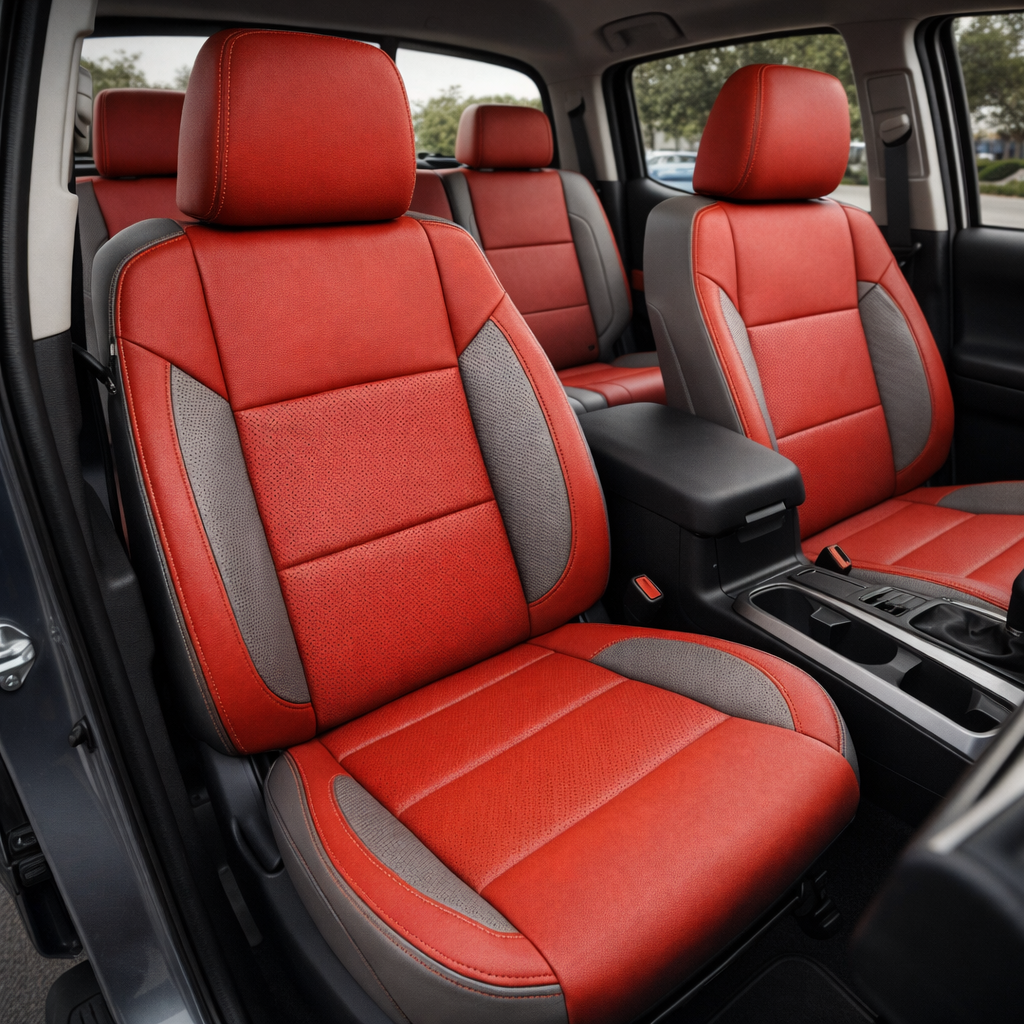 Front in-cabin view of a 2023–2026 Chevrolet Silverado (New Body Style) featuring a Leatherteck leather seat upholstery kit in platinum gray with salsa red panels, perforated center inserts, and contrast stitching, showing the driver and passenger seats, center console with cupholders, and the rear bench seat in the background.