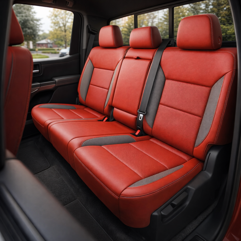 Rear in-cabin view of a 2023–2026 Chevrolet Silverado (New Body Style) featuring a Leatherteck rear bench seat upholstery kit in platinum gray with salsa red panels, perforated inserts, and contrast stitching, showing three headrests, rear seatbelts and buckles, the rear door panel, and black carpeted floor mats.