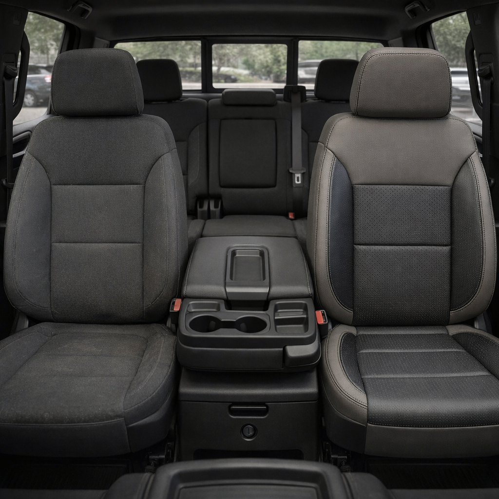 Before-and-after front in-cabin view of a 2019–2026 Chevrolet Silverado (New Body Style): the left front seat shows original dark cloth upholstery, while the right front seat is upgraded with a Leatherteck platinum gray leather kit featuring square-perforated flint inserts and black contrast stitching, with the center console, cupholders, and rear bench seat visible in the background.