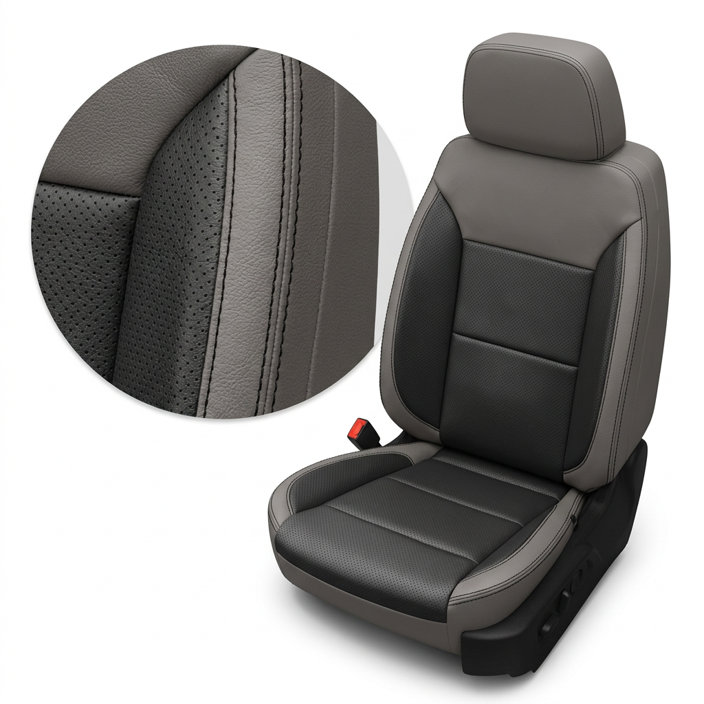 Close-up product image of a 2019–2026 Chevrolet Silverado (New Body Style) Leatherteck seat upholstery kit in platinum gray with square-perforated flint (dark gray/black) inserts and black contrast stitching, with a circular inset highlighting the leather grain, perforation pattern, and stitched seam detail.