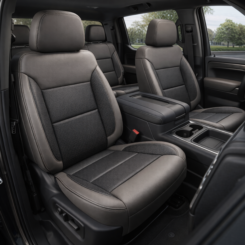  Front in-cabin view of a 2019–2026 Chevrolet Silverado (New Body Style) featuring Leatherteck front bucket seats upholstered in platinum gray with square-perforated flint inserts and black contrast stitching, shown with the center console, cupholders, and rear bench seat visible.