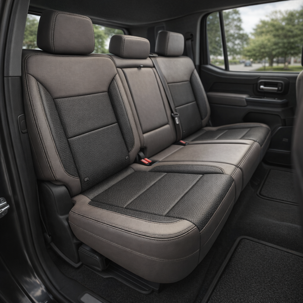 Rear in-cabin view of a 2019–2026 Chevrolet Silverado (New Body Style) featuring a Leatherteck rear bench seat upholstered in platinum gray with square-perforated flint inserts and black contrast stitching, showing the three headrests, seatbelts, and rear door panel.