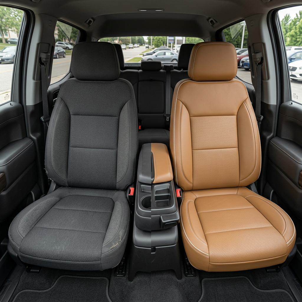 Before-and-after cabin view of a 2019–2026 Chevrolet Silverado (New Body Style): left shows the original dark cloth front seat, right shows upgraded Leatherteck tan leather upholstery with perforated inserts and pearl white contrast stitching on the seat and headrest.