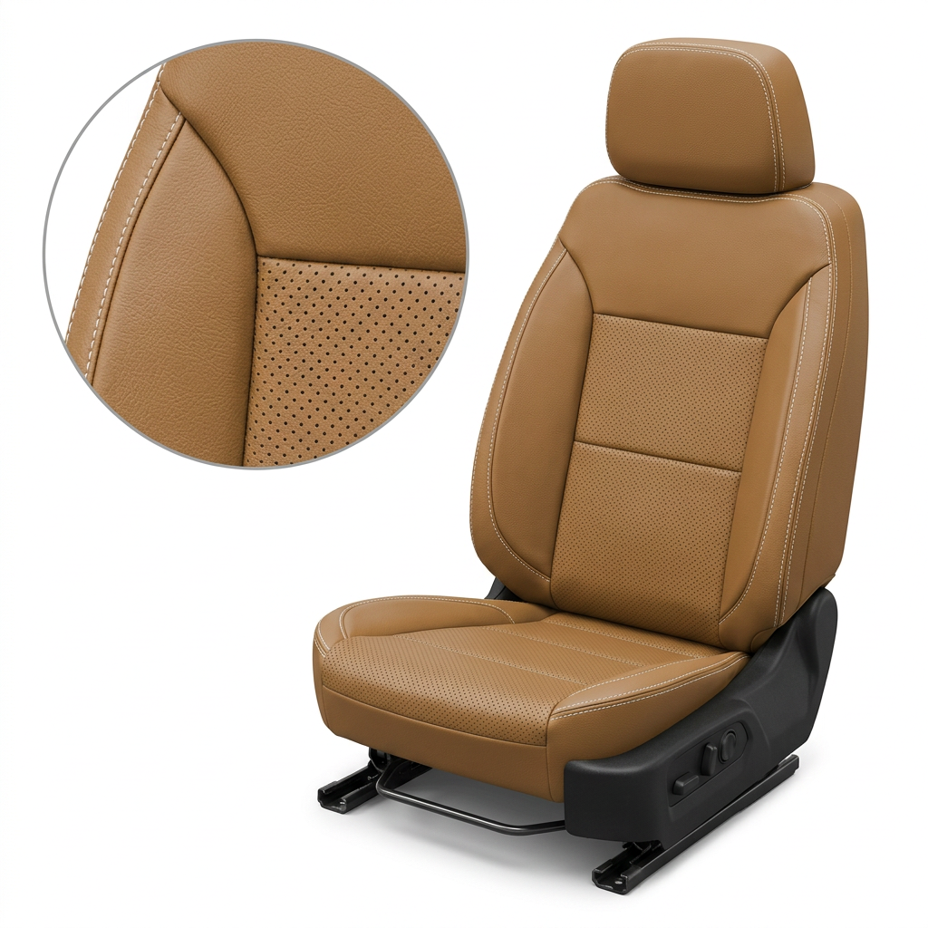 Close-up of the Leatherteck seat upholstery for a 2019–2026 Chevrolet Silverado (New Body Style) in tan leather, showing perforated center inserts and pearl white contrast stitching along the seams on the seat and headrest.
