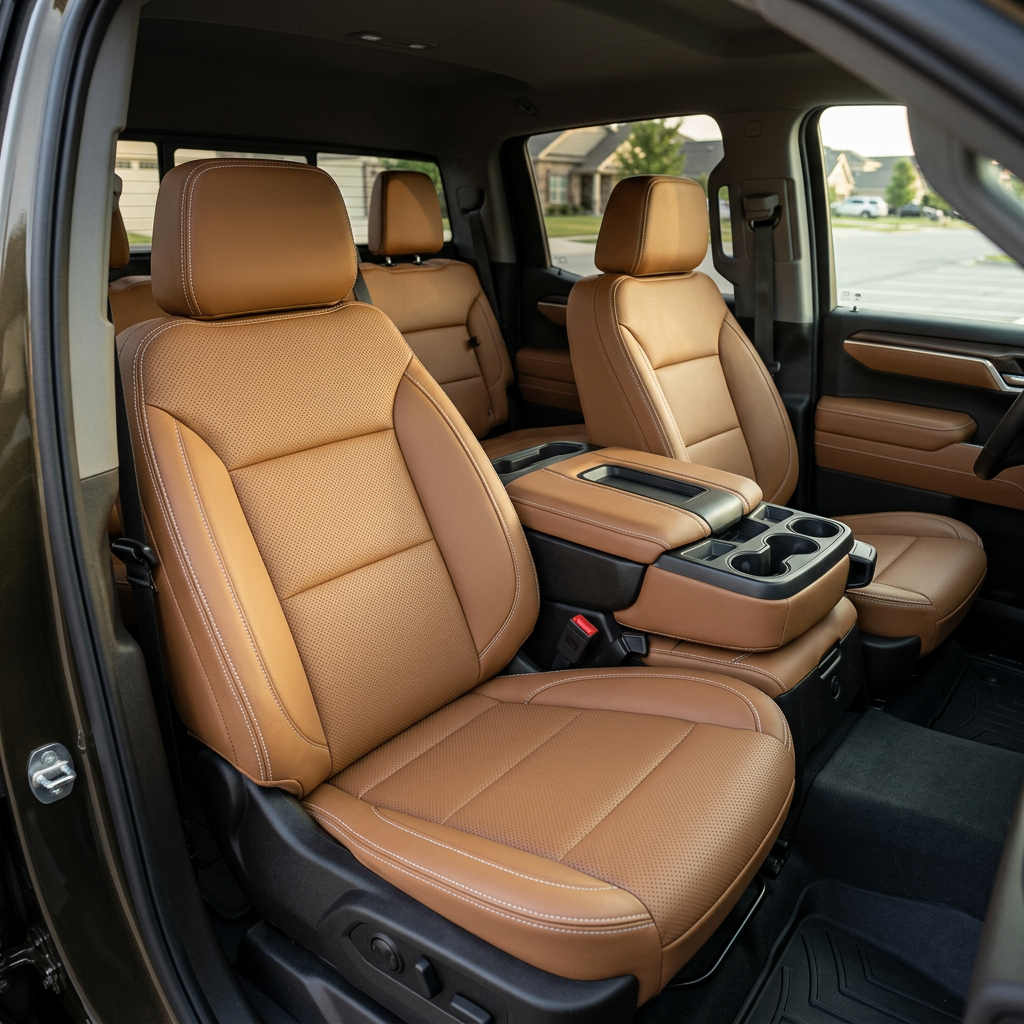 Front in-cabin view of a 2019–2026 Chevrolet Silverado (New Body Style) with Leatherteck tan leather seat upholstery featuring perforated inserts and pearl white contrast stitching on the front bucket seats, headrests, and center console.