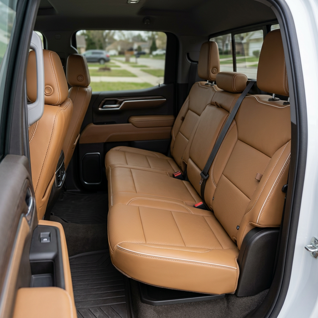 Rear in-cabin view of a 2019–2026 Chevrolet Silverado (New Body Style) with Leatherteck tan leather seat upholstery featuring perforated inserts and pearl white contrast stitching across the rear bench seat cushions, seatbacks, and headrests.