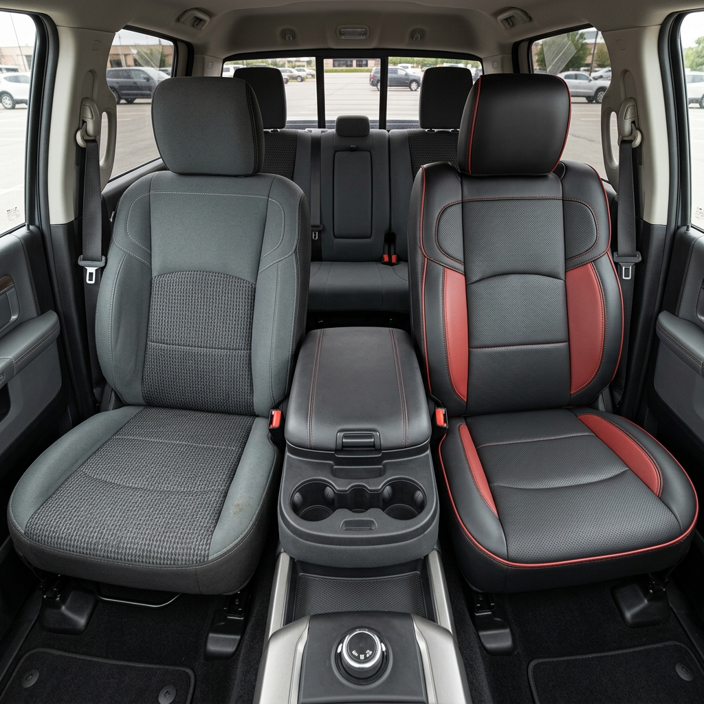 Before-and-after front in-cabin view of a 2019–2026 RAM 2500 Power Wagon split down the middle: the left front seat shows the factory gray cloth upholstery, while the right front seat shows the upgraded Leatherteck kit in black with perforated body inserts, medium red accent panels, medium red contrast stitching, and medium red edge piping, with the center console/cupholders and rear bench seat visible in the background.