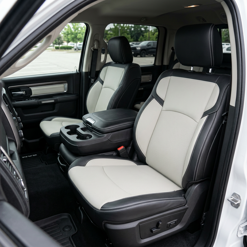Front in-cabin view of a 2019–2026 RAM 2500/3500 featuring a Leatherteck leather seat upholstery kit in black with alabaster white body inserts, perforated center inserts, alabaster white accent panels, and alabaster white contrast stitching, shown from the open driver-side door with the front bucket seats, headrests, and center console/cupholders visible.

