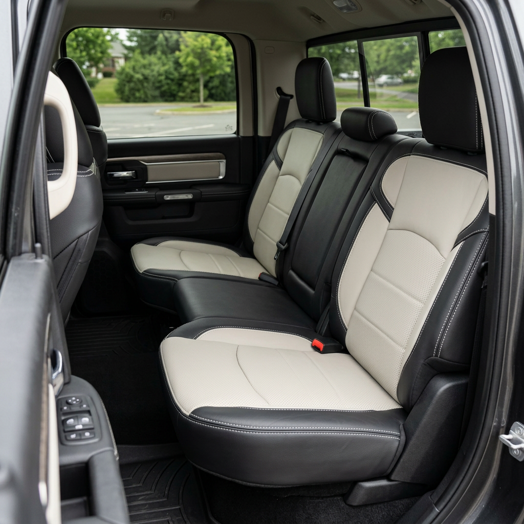 Rear in-cabin view of a 2019–2026 RAM 2500/3500 featuring a Leatherteck leather seat upholstery kit in black with alabaster white body inserts, perforated inserts, alabaster white accent panels, and alabaster white contrast stitching, shown through the open rear door with the rear bench seat, three headrests, seatbelts/buckles, rear door panel, and floor liner visible.