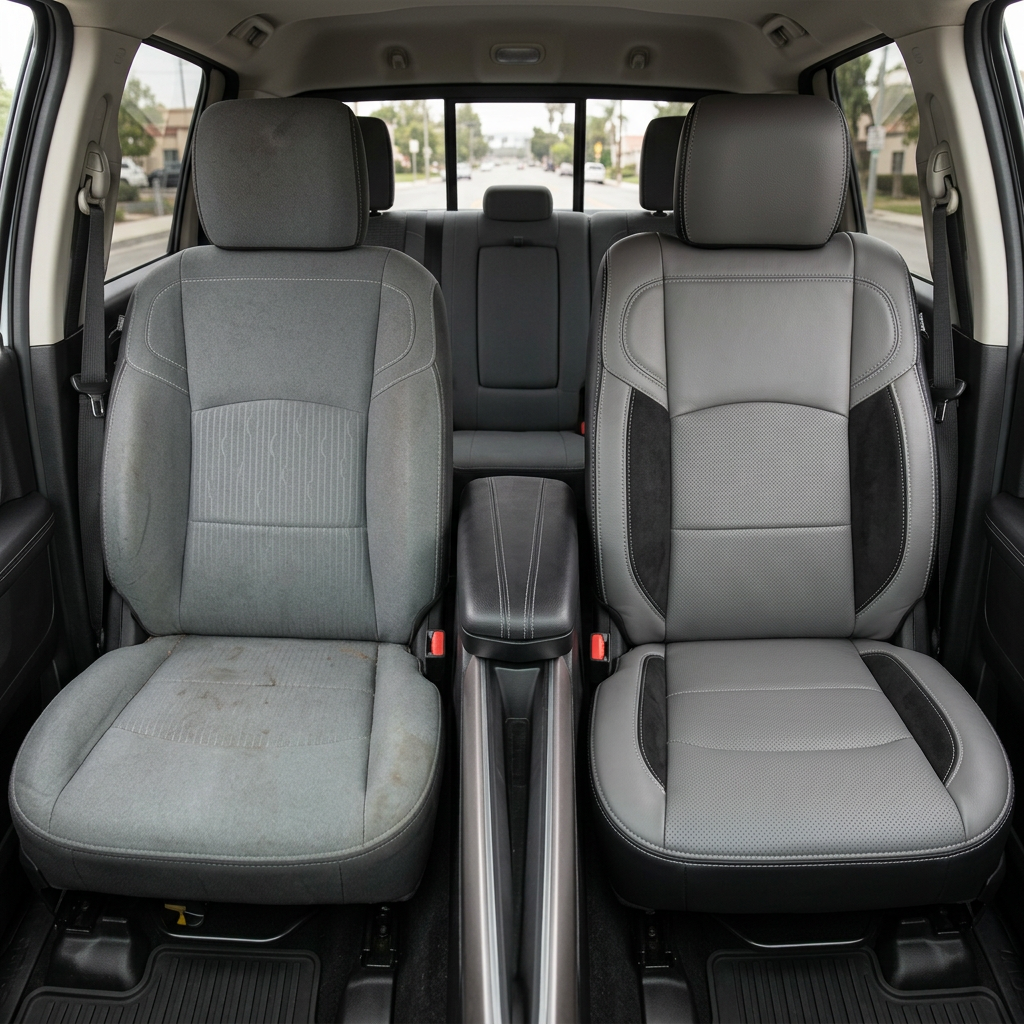 Before-and-after front in-cabin view of a 2019–2026 RAM 2500/3500 split down the middle: left shows the factory gray cloth front seat, while right shows the upgraded Leatherteck leather upholstery kit in black with ash gray panels, perforated inserts, black suede accent sections, and silver contrast stitching, with the center console/armrest and rear bench seat visible in the background.