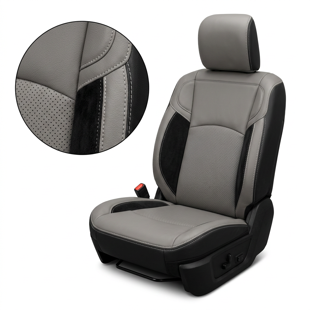 Close-up product image of a 2019–2026 RAM 2500/3500 Leatherteck leather seat upholstery kit in black with ash gray panels, featuring perforated inserts, black suede accent strip, and silver contrast stitching, shown on a white background with a circular zoom inset highlighting the perforation pattern, suede texture, and stitching detail.

