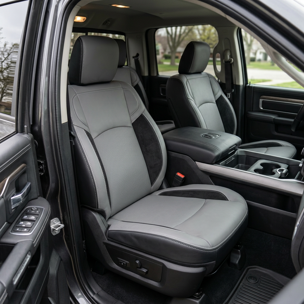  Front in-cabin view of a 2019–2026 RAM 2500/3500 featuring a Leatherteck leather seat upholstery kit in black with ash gray panels, perforated inserts, black suede accents, and silver contrast stitching, shown from the open driver-side door with the driver and passenger seats, center console/armrest, and cupholders visible.
