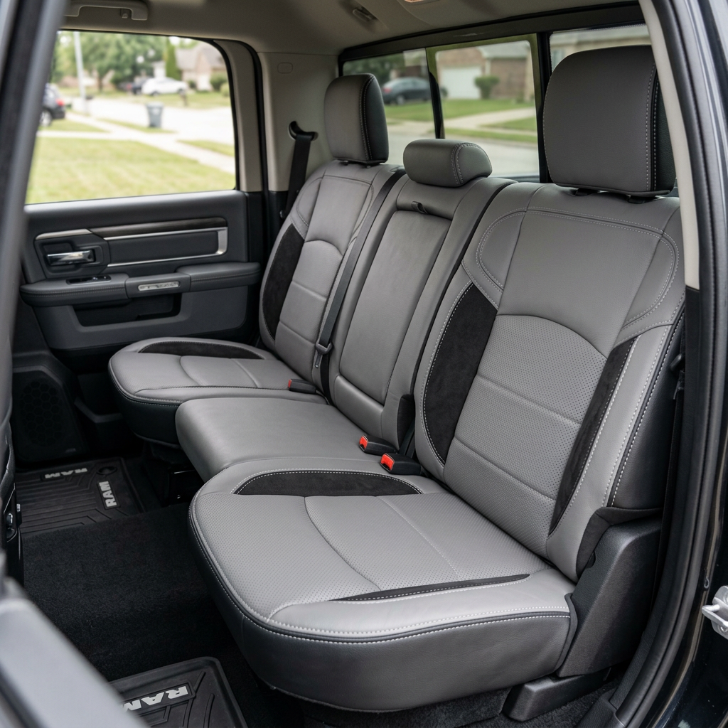 Rear in-cabin view of a 2019–2026 RAM 2500/3500 featuring a Leatherteck leather seat upholstery kit in black with ash gray panels, perforated inserts, black suede accents, and silver contrast stitching, shown through the open rear door with the rear bench seat, three headrests, and seatbelts visible.