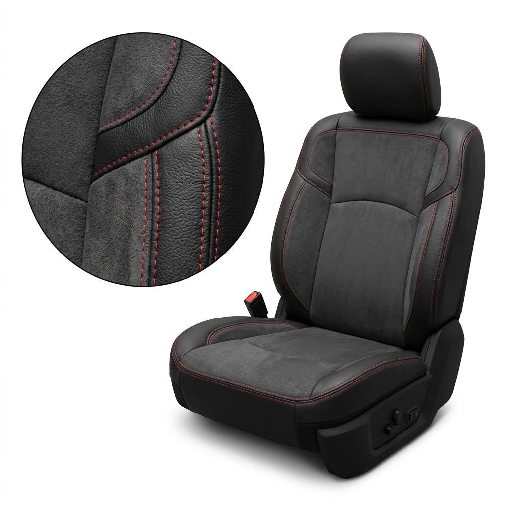 Close-up product image of a 2019–2026 RAM 2500/3500 Leatherteck leather seat upholstery kit in black with dark slate gray suede inserts and accents and red contrast stitching, shown on a white background with a circular zoom inset highlighting the suede texture, leather grain, and stitching detail.

