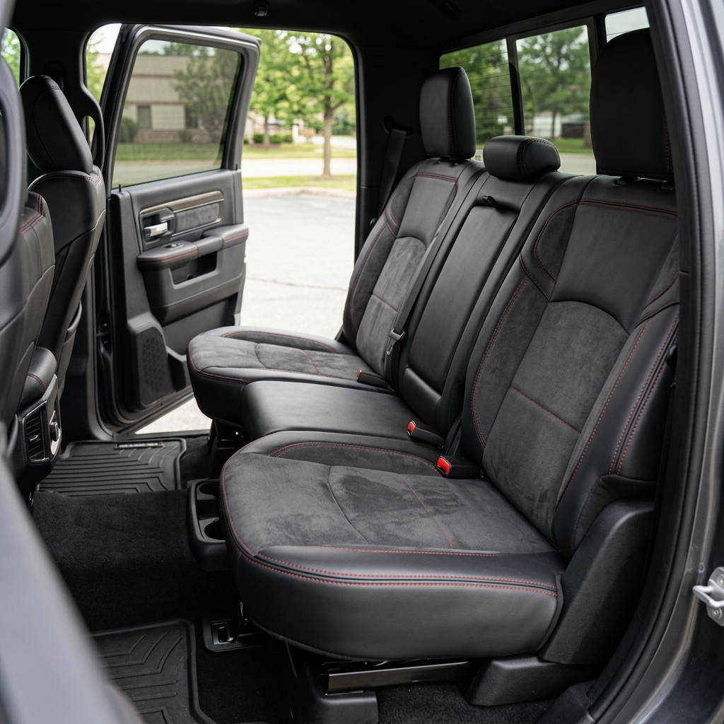 Rear in-cabin view of a 2019–2026 RAM 2500/3500 featuring a Leatherteck leather seat upholstery kit in black with dark slate gray suede inserts and accents and red contrast stitching, shown through the open rear door with the rear bench seat, three headrests, seatbelts, rear door panel, and RAM floor mat visible.