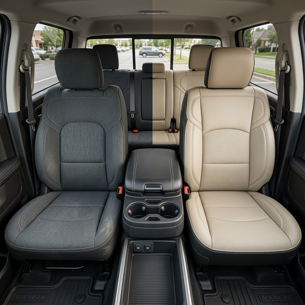  Before-and-after in-cabin view of a 2019–2026 RAM 2500/3500 showing the factory dark gray cloth front seat on the left and the upgraded Leatherteck seat upholstery on the right in black with ivory panels, perforated inserts, and ivory contrast stitching, with the center console and cupholders visible between the seats.