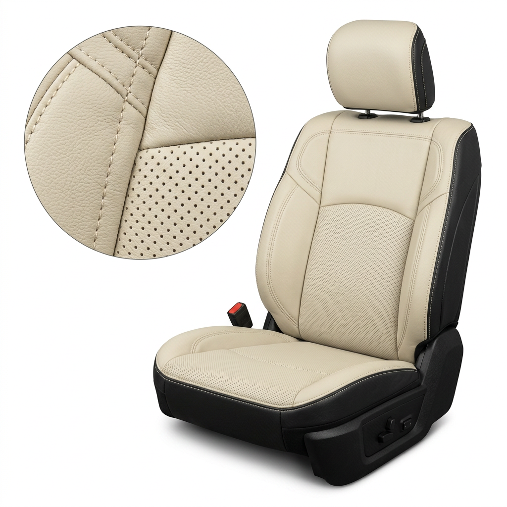Close-up product image of a 2019–2026 RAM 2500/3500 Leatherteck leather seat upholstery kit in black with ivory panels, featuring perforated inserts and ivory contrast stitching, shown on a white background with a circular zoom inset highlighting the leather grain, perforation pattern, and stitching detail.

