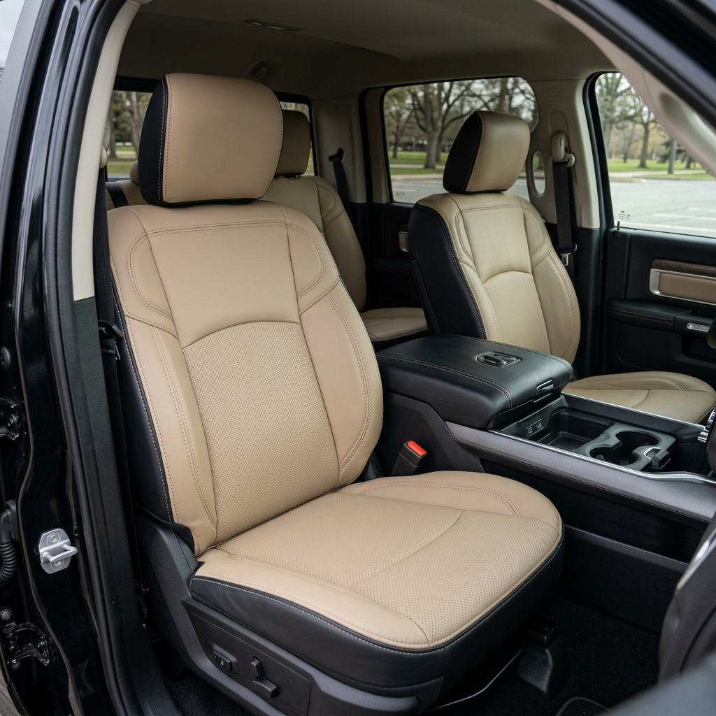 Front in-cabin view of a 2019–2026 RAM 2500/3500 featuring a Leatherteck leather seat upholstery kit in black with ivory panels, perforated inserts, and ivory contrast stitching, shown from the open driver-side door with the driver and passenger seats, black center console/armrest, and cupholders visible.

