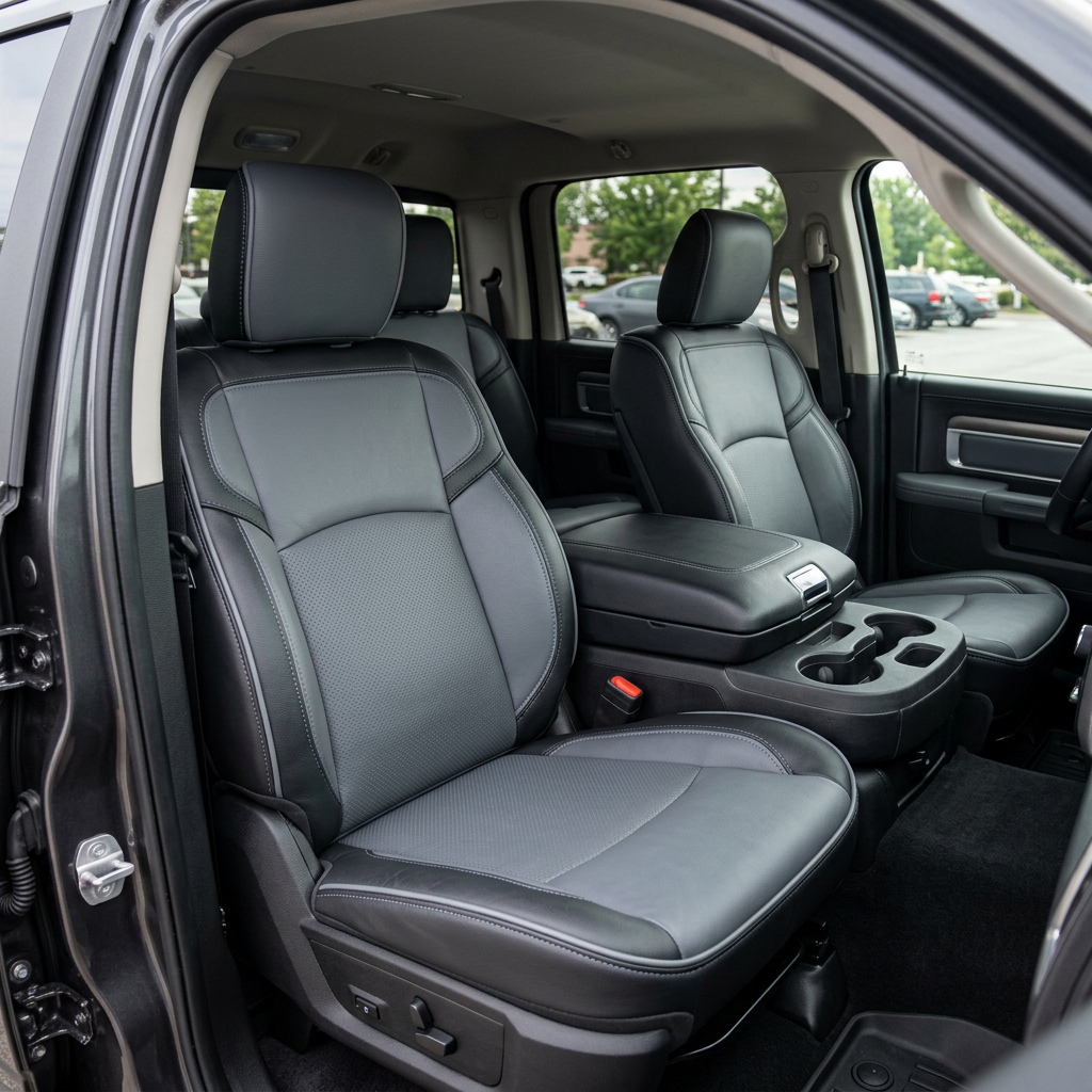 Front in-cabin view of a 2019–2026 RAM 2500/3500 featuring a Leatherteck leather seat upholstery kit in black with lapis grey perforated inserts and accents and lapis grey contrast stitching, shown from the open front door with the driver and passenger seats, center console/armrest, and cupholders visible.