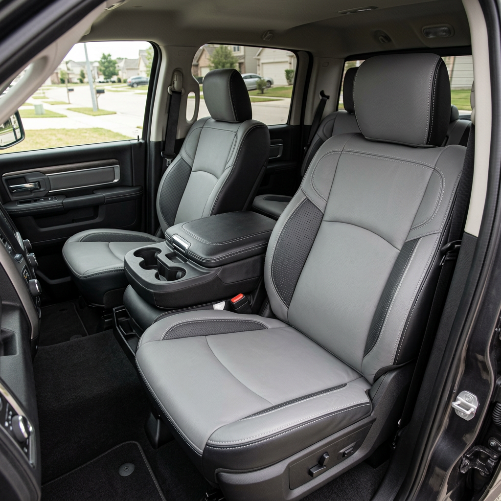  Front in-cabin view of a 2019–2026 RAM 2500/3500 featuring a Leatherteck leather seat upholstery kit in black with light gray panels, square-perforated accent side inserts, and silver contrast stitching, showing the driver and passenger bucket seats, black center console with dual cupholders, and the open driver door and interior door panel.

