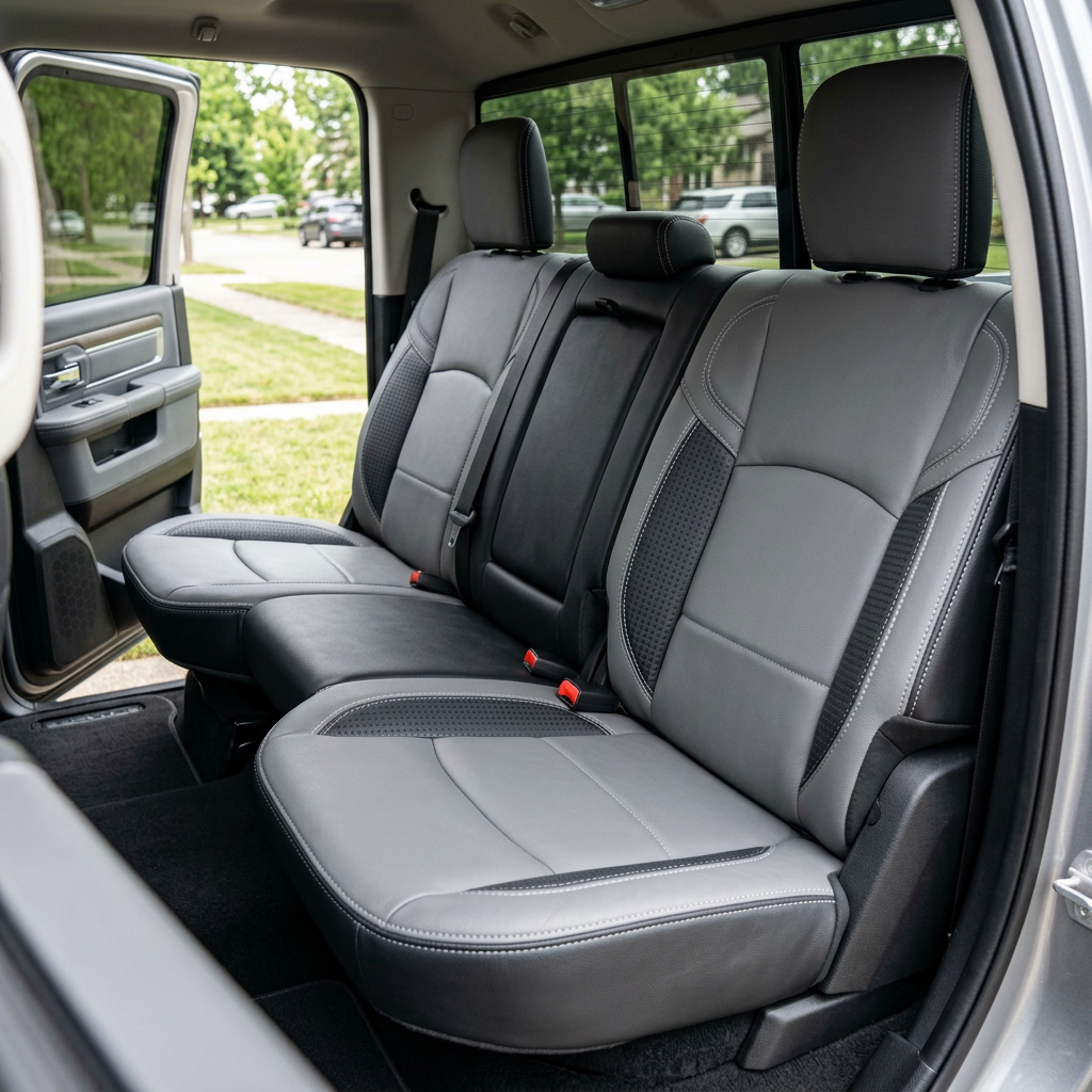 Rear in-cabin view of a 2019–2026 RAM 2500/3500 featuring a Leatherteck rear bench seat upholstery kit in black with light gray panels, square-perforated accent inserts, and silver contrast stitching, showing the split rear bench with headrests, fold-down center seatback/armrest, seatbelts and buckles, and the rear door panel and window.

