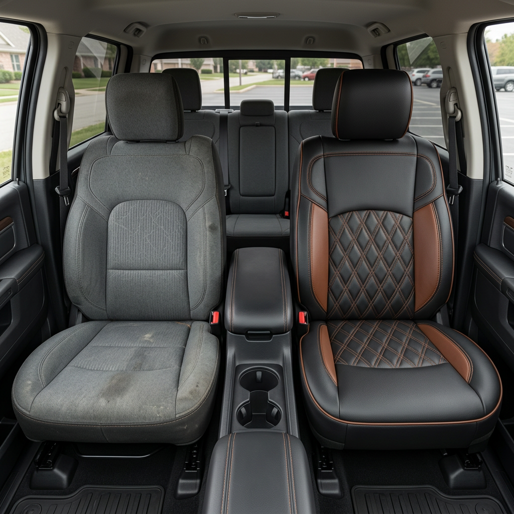 Before-and-after front in-cabin view of a 2019–2026 RAM 2500/3500 showing the factory gray cloth driver seat on the left and the upgraded Leatherteck seat on the right in black with mahogany brown accents, double diamond-stitched inserts, contrast stitching, and edge piping, with the center console and cupholders between the seats and the rear bench visible in the background.