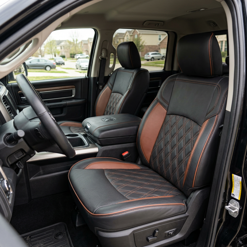  Front in-cabin view of a 2019–2026 RAM 2500/3500 featuring a Leatherteck leather seat upholstery kit in black with mahogany brown accents, double diamond-stitched inserts, contrast stitching, and edge piping, shown from the open driver-side door with the driver and passenger seats, center console/armrest, cupholders, and dashboard/steering wheel visible.