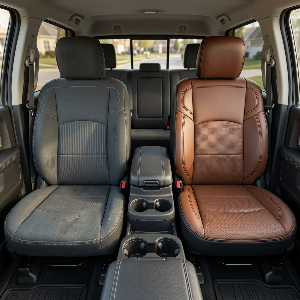 Before-and-after front in-cabin view of a 2019–2026 RAM 2500/3500 split down the middle: left shows the factory gray cloth front seat, while right shows the upgraded Leatherteck leather seat upholstery in black with mahogany brown panels, perforated center inserts, and black contrast stitching, with the center console/cupholders and rear bench seat visible in the background.

