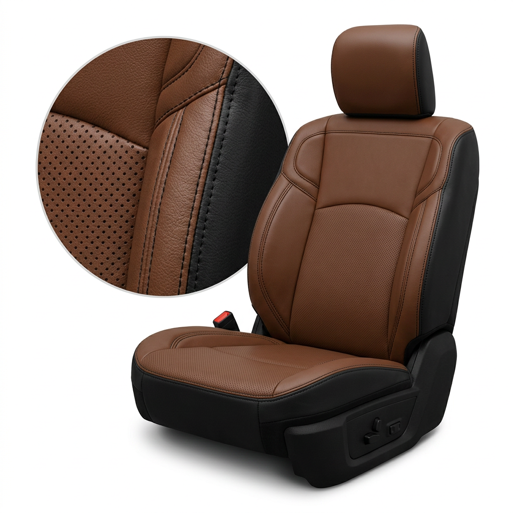Close-up product image of a 2019–2026 RAM 2500/3500 Leatherteck leather seat upholstery kit in black with mahogany brown panels, perforated center inserts, and black contrast stitching, shown on a white background with a circular zoom inset highlighting the perforation pattern, leather grain, and stitched seam detail.