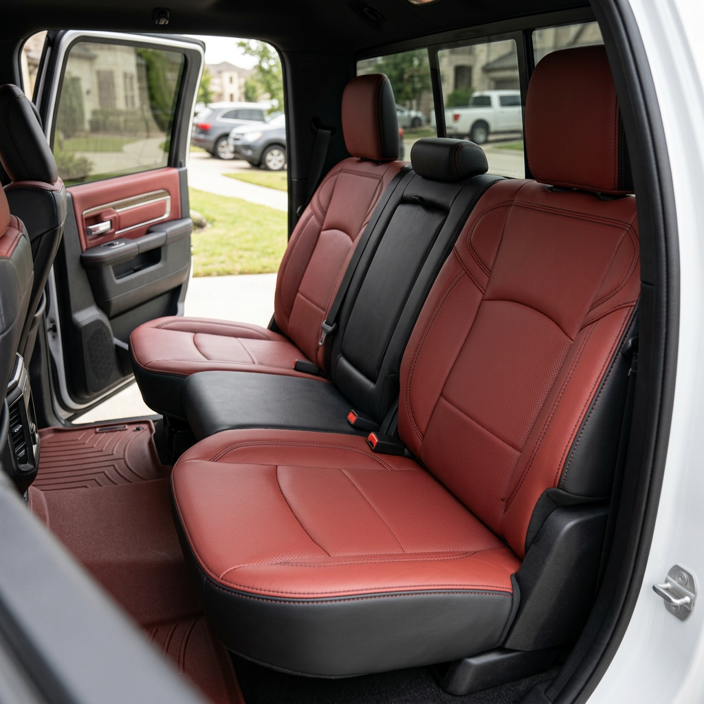  Rear in-cabin view of a 2019–2026 RAM 2500/3500 featuring a Leatherteck rear bench seat upholstery kit in black with medium red panels, perforated center inserts, and black contrast stitching, showing the split rear bench with headrests, center seat section in black, seatbelts and buckles, and the open rear door with matching red-and-black door panel.


