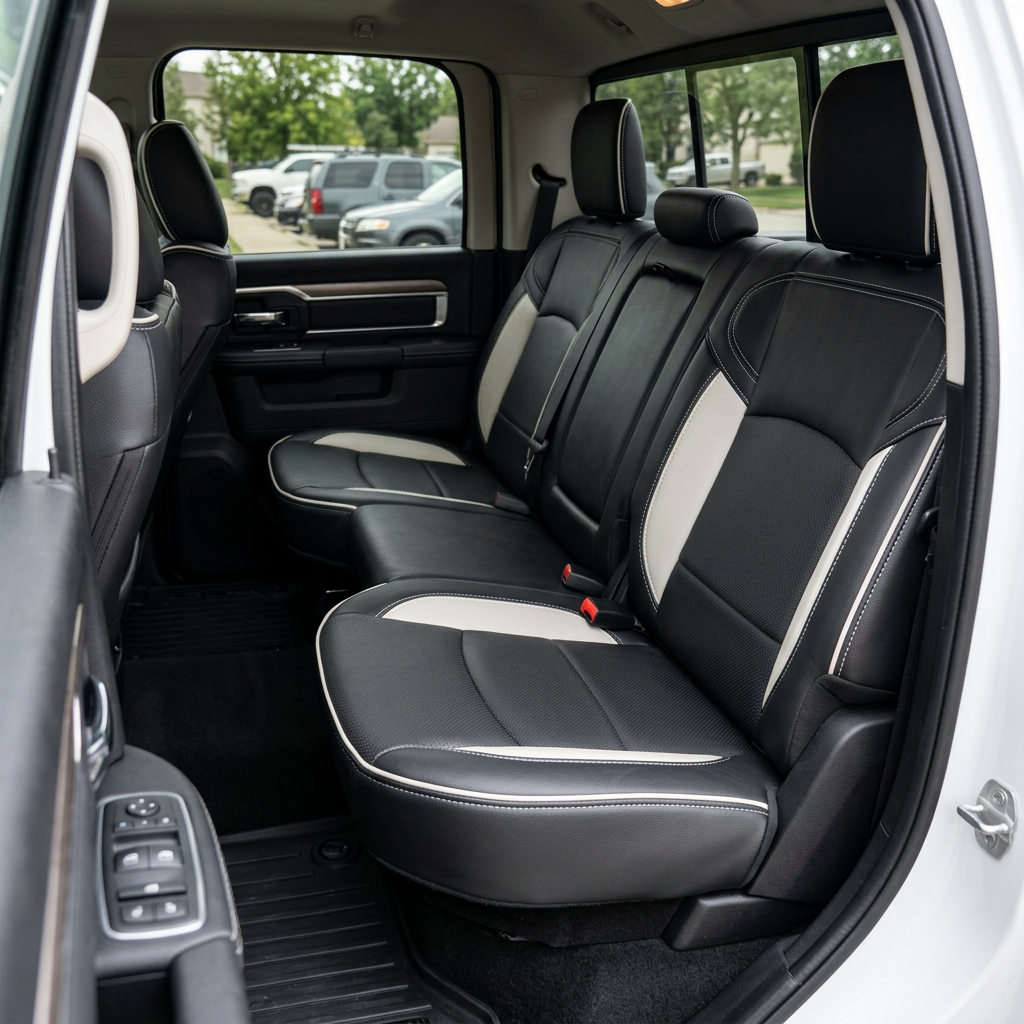  Rear in-cabin view of a 2019–2026 RAM 2500/3500 with a Leatherteck leather seat upholstery kit in black featuring perforated center inserts, pearl white accent panels, pearl white contrast stitching, and pearl white edge piping, shown through the open rear door with the rear bench seat, headrests, seatbelts/buckles, rear door panel, and all-weather floor liner visible.