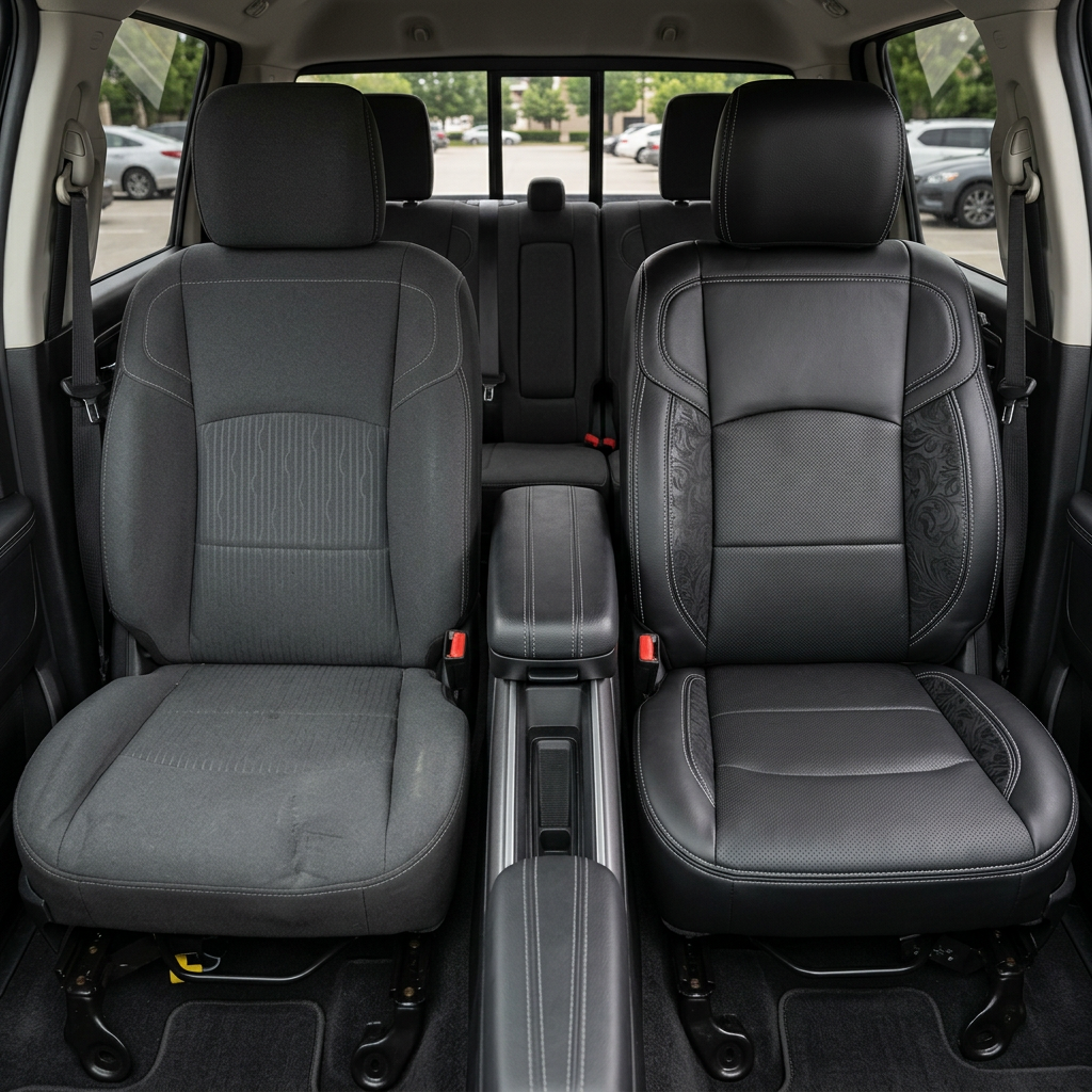 Before-and-after front in-cabin view of a 2019–2026 RAM 2500/3500 split down the middle: left shows the factory gray cloth front seat, while right shows the upgraded Leatherteck leather seat upholstery in black with perforated center inserts, western floral black accent panels on the bolsters, and silver contrast stitching, with the center console and rear bench seat visible in the background.

