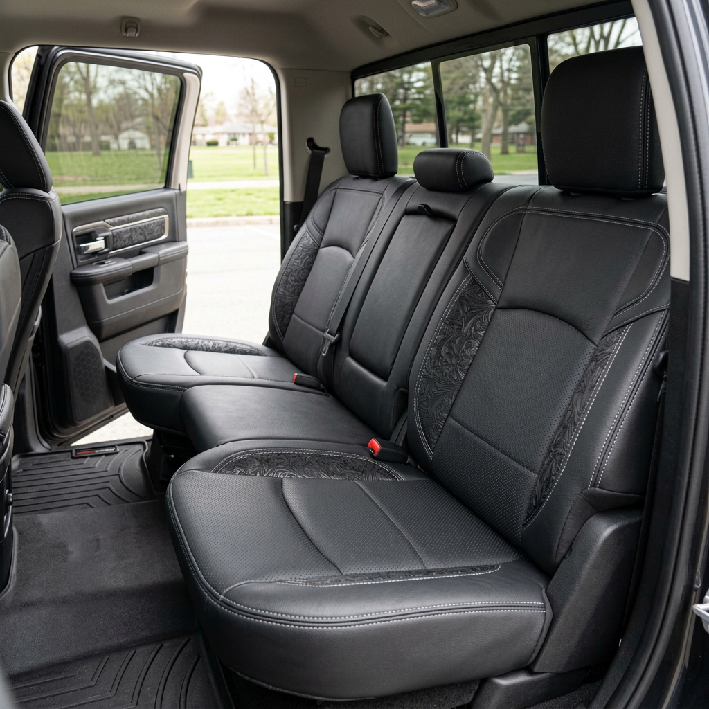  Rear in-cabin view of a 2019–2026 RAM 2500/3500 featuring a Leatherteck leather seat upholstery kit in black with perforated center inserts, Western floral black accent panels, and silver contrast stitching, shown through the open rear door with the rear bench seat, headrests, seatbelts, and rear door panel visible.