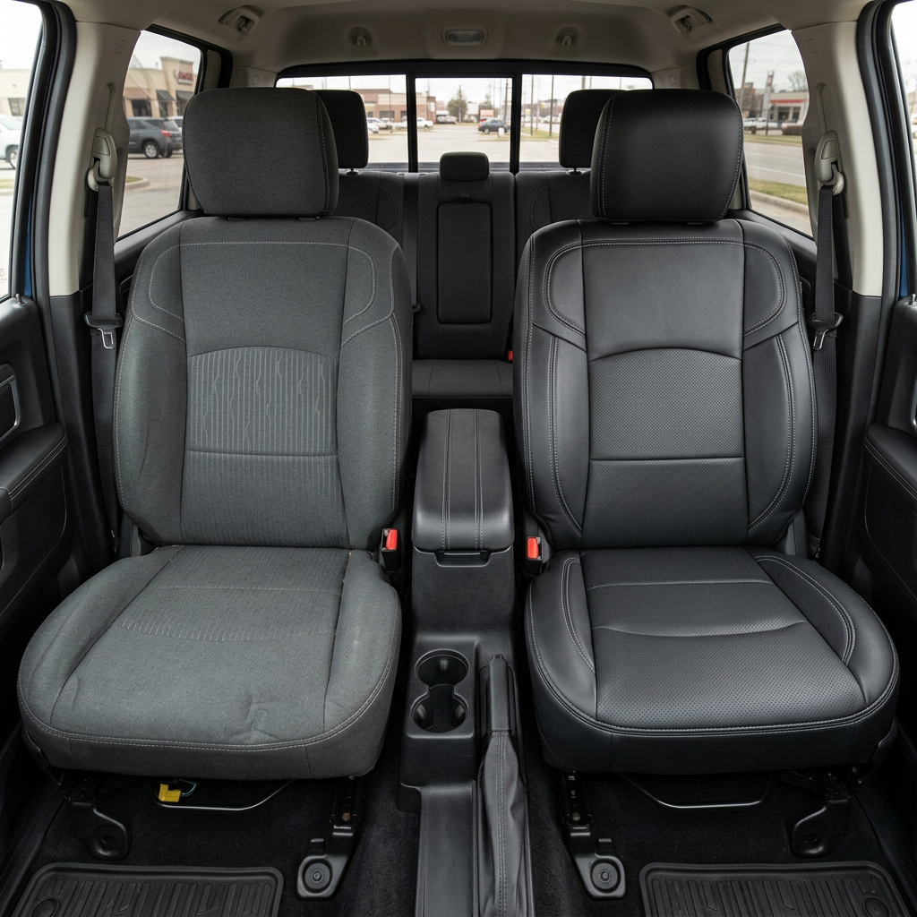 Before-and-after front in-cabin view of a 2019–2026 RAM 2500/3500 split down the middle: left shows the factory dark gray cloth front seat, while right shows the upgraded Leatherteck upholstery in black leather with perforated inserts and ash gray contrast stitching, with the center console/cupholders and rear bench seat visible in the background.