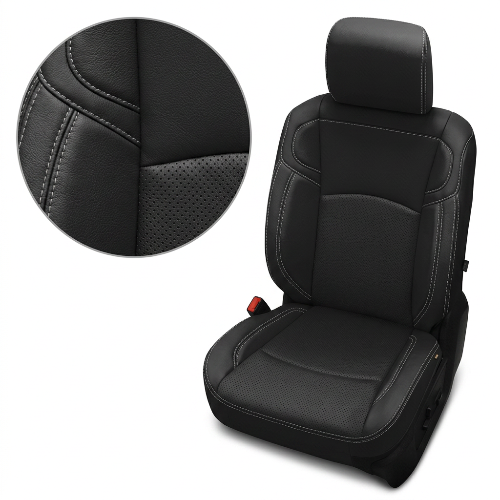  Close-up product image of a 2019–2026 RAM 2500/3500 Leatherteck leather seat upholstery cover in black with perforated inserts and ash gray contrast stitching, shown on a white background with a circular zoom inset highlighting the double-stitched seams, leather grain, and perforation pattern.

