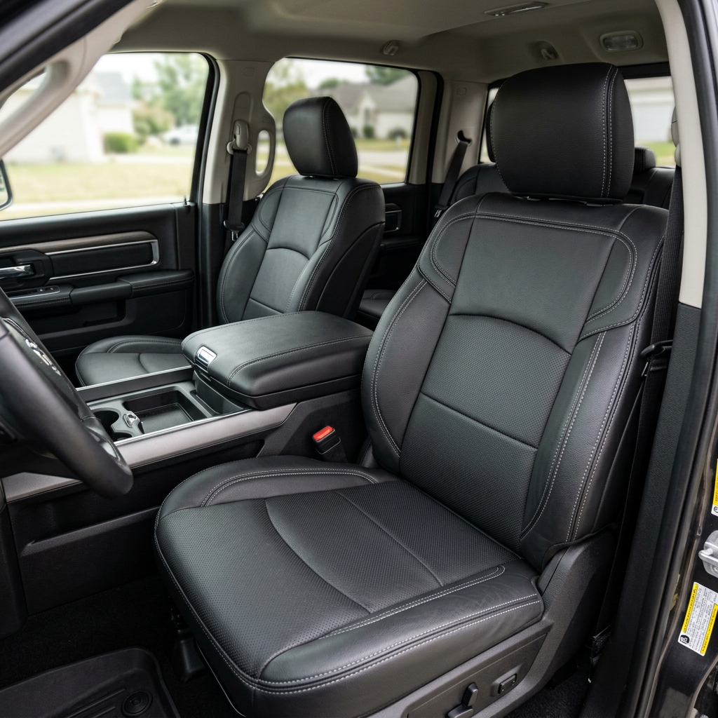  Front in-cabin view of a 2019–2026 RAM 2500/3500 featuring a Leatherteck leather seat upholstery kit in black with perforated inserts and ash gray contrast stitching, shown from the open driver-side door with the driver and passenger seats, center console/armrest, and cupholders visible.

