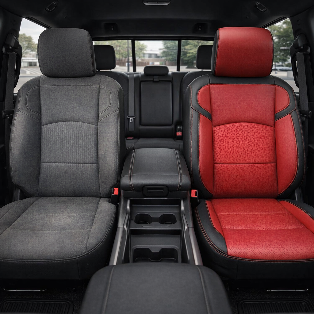 Before-and-after front in-cabin view of a 2019–2026 RAM 2500/3500 showing the factory gray cloth driver seat on the left and a Leatherteck upgrade on the right in black with perforated red inserts, red accents, and contrast stitching, with the center console/cupholders and rear bench seat visible in the background.
