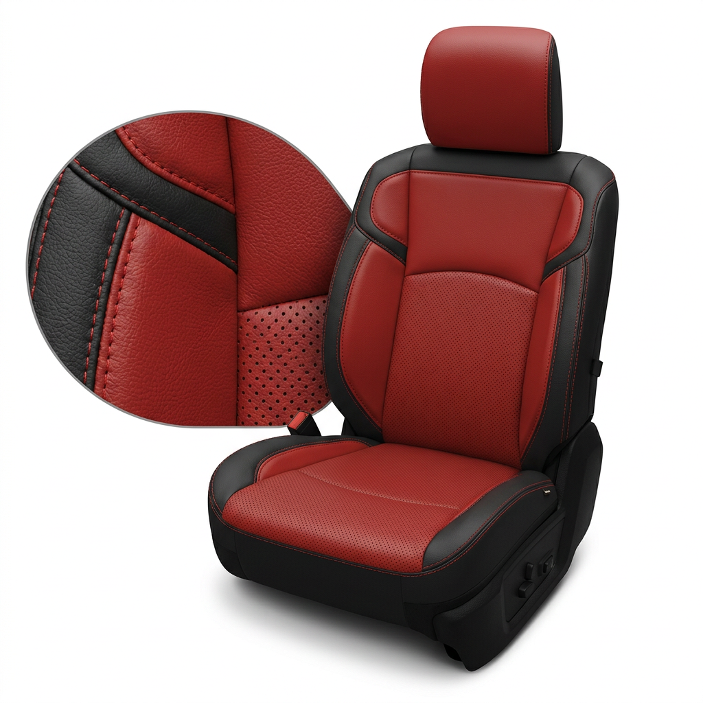 Close-up product image of a 2019–2026 RAM 2500/3500 Leatherteck leather seat upholstery kit in black with perforated red inserts, featuring red accent panels and contrast stitching, with a circular zoom inset highlighting the leather grain, perforation pattern, and double-stitched seam detail.